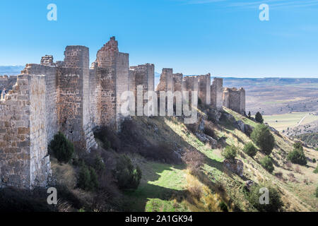 Aerial panorama of Gormaz castle in Soria Spain above the Duero river. One of the longest castles in the world with square towers built by the Moors Stock Photo