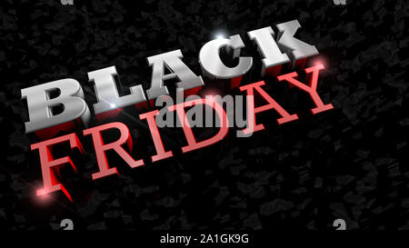 Close up of BLACK FRIDAY lettering. Glossy thick letters in white and red on a rough black texture. 3D Illustration Stock Photo