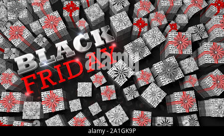 BLACK FRIDAY lettering. Top view of white gift boxes of different sizes with red ribbon surrounding thick glossy letters in white and red on a reflect Stock Photo