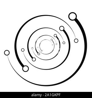 Plexus, wire-frame radial circles with nodes. Geometric spiral for technology, block chain, circuit like themes. Cycle rings design. Swirl, twirl, vor Stock Vector