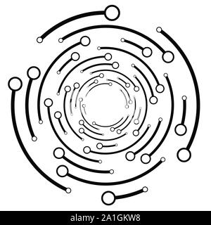 Plexus, wire-frame radial circles with nodes. Geometric spiral for technology, block chain, circuit like themes. Cycle rings design. Swirl, twirl, vor Stock Vector