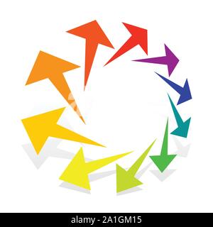 Circular, radial arrows for burst, extension, alignment themes. Dissolve, extend radiating pointer illustration. Expand, radiation cursor, arrow desig Stock Vector