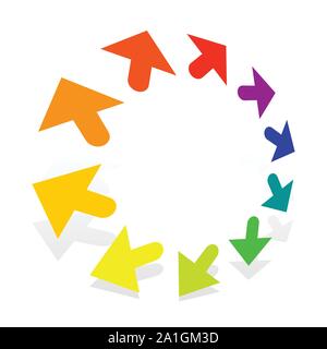 Circular, radial arrows for burst, extension, alignment themes. Dissolve, extend radiating pointer illustration. Expand, radiation cursor, arrow desig Stock Vector