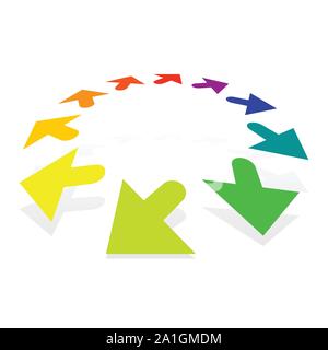 Circular, radial arrows for burst, extension, alignment themes. Dissolve, extend radiating pointer illustration. Expand, radiation cursor, arrow desig Stock Vector