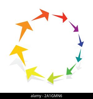 Circular, radial arrows for burst, extension, alignment themes. Dissolve, extend radiating pointer illustration. Expand, radiation cursor, arrow desig Stock Vector