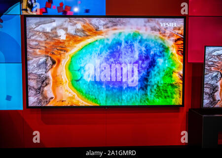 Berlin, Germany, Sep 2019, Vestel Ultra HD Smart Premium TV on display, Vestel exhibition pavilion showroom, Global Innovations Show IFA 2019 Stock Photo