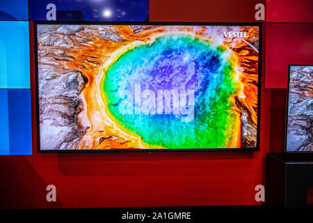 Berlin, Germany, Sep 2019, Vestel Ultra HD Smart Premium TV on display, Vestel exhibition pavilion showroom, Global Innovations Show IFA 2019 Stock Photo