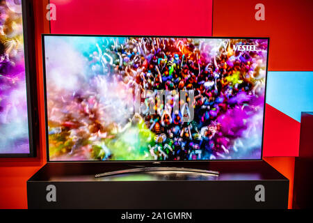 Berlin, Germany, Sep 2019, Vestel Ultra HD Smart Premium TV on display, Vestel exhibition pavilion showroom, Global Innovations Show IFA 2019 Stock Photo