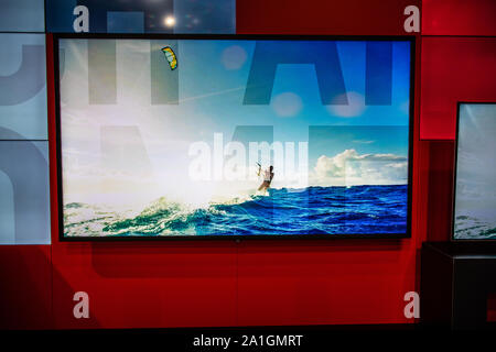 Berlin, Germany, Sep 2019, Vestel Ultra HD Smart Premium TV on display, Vestel exhibition pavilion showroom, Global Innovations Show IFA 2019 Stock Photo