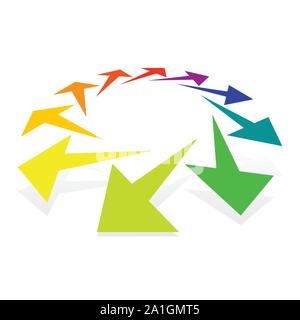 Circular, radial arrows for burst, extension, alignment themes. Dissolve, extend radiating pointer illustration. Expand, radiation cursor, arrow desig Stock Vector