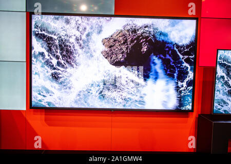 Berlin, Germany, Sep 2019, Vestel Ultra HD Smart Premium TV on display, Vestel exhibition pavilion showroom, Global Innovations Show IFA 2019 Stock Photo