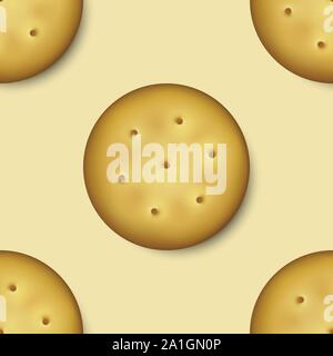 Seamless Pattern with Realistic Vector 3d Round Delicious Cookies Rustic, Cracker, Biscuit. Design Template of Sweet Cookie, Yummy Crackers, Breakfast Stock Vector