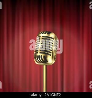 Vector 3d Realistic Steel Golden Retro Concert Vocal Stage Microphone Closeup Isolated on Red Curtains Background. Design Template of Vintage Karaoke Stock Vector