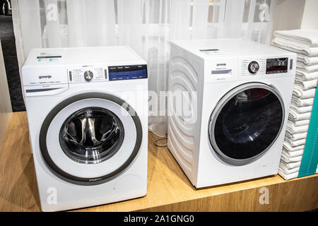 Berlin, Germany, Sep 2019 free-standing GORENJE Washing Machines on display, at GORENJE exhibition pavilion showroom, Global Innovations Show IFA 2019 Stock Photo