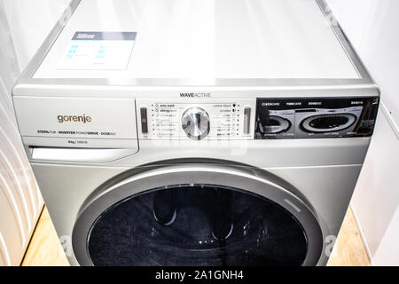 Berlin, Germany, Sep 2019 free-standing GORENJE Washing Machines on display, at GORENJE exhibition pavilion showroom, Global Innovations Show IFA 2019 Stock Photo