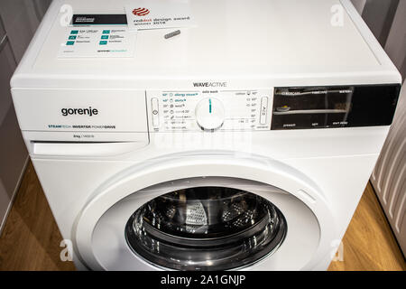 Berlin, Germany, Sep 2019 free-standing GORENJE Washing Machines on display, at GORENJE exhibition pavilion showroom, Global Innovations Show IFA 2019 Stock Photo