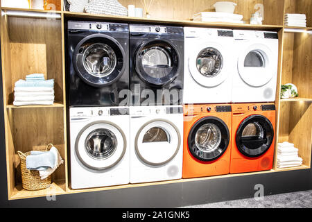 Berlin, Germany, Sep 2019 free-standing GORENJE Washing Machines on display, at GORENJE exhibition pavilion showroom, Global Innovations Show IFA 2019 Stock Photo