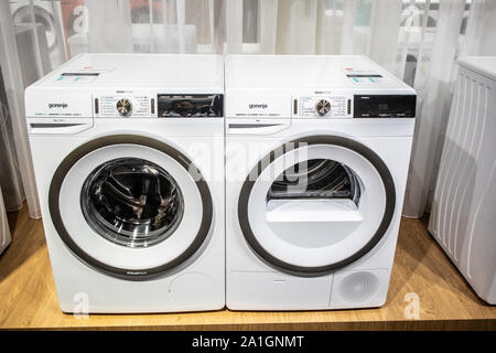 Berlin, Germany, Sep 2019 free-standing GORENJE Washing Machines on display, at GORENJE exhibition pavilion showroom, Global Innovations Show IFA 2019 Stock Photo