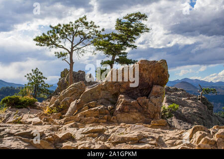 Boulder Colorado mountain peak rocks and trees Stock Photo
