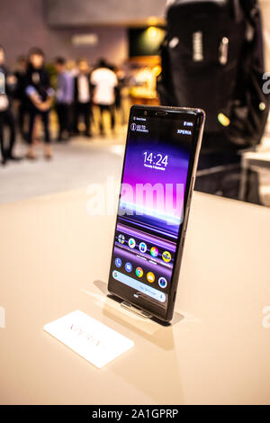 Berlin, Germany, Sep 2019 Sony Xperia 5 CinemaWide display smartphone on display, Sony exhibition pavilion showroom, Global Innovations Show IFA 2019 Stock Photo