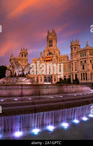 The Plaza de Cibeles is a square with a neo-classical complex of marble sculptures with fountains that has become an iconic symbol for the city of Mad Stock Photo