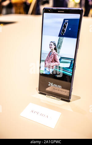 Berlin, Germany, Sep 2019 Sony Xperia 5 CinemaWide display smartphone on display, Sony exhibition pavilion showroom, Global Innovations Show IFA 2019 Stock Photo