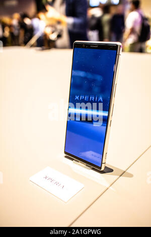 Berlin, Germany, Sep 2019 Sony Xperia 5 CinemaWide display smartphone on display, Sony exhibition pavilion showroom, Global Innovations Show IFA 2019 Stock Photo