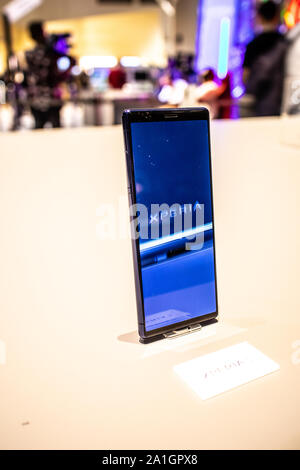 Berlin, Germany, Sep 2019 Sony Xperia 5 CinemaWide display smartphone on display, Sony exhibition pavilion showroom, Global Innovations Show IFA 2019 Stock Photo