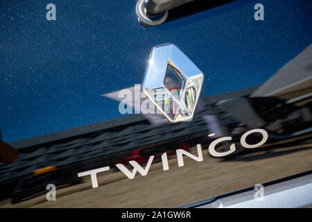 Bordeaux, France - June 2, 2019: Closeup of black Renault Twingo logo on rear car parked in the street Stock Photo