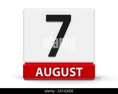 Red and white calendar icon from cubes - The Seventh of August - on a white table, three-dimensional rendering, 3D illustration Stock Photo