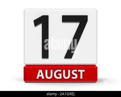 Red and white calendar icon from cubes - The Seventeenth of August - on a white table, three-dimensional rendering, 3D illustration Stock Photo