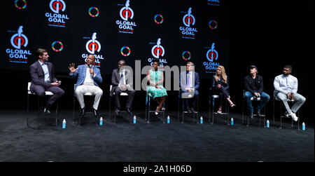 New York, NY - September 26, 2019: Hugh Jackman, Patrice Motsepe, Babajide-Olu, Uzo Aduba, Marc Pritchard, Mindy Grossman, Lars Ulrich, Usher attends press conference for Global Citizen & Teneo unveiling campaign plans and 2020 headliners at St. Ann's Warehouse Stock Photo