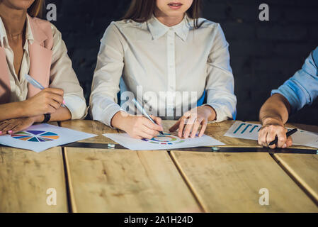 Young team of coworkers making great meeting discussion in modern coworking office. Teamwork process. Horizontal,blurred background. Stock Photo