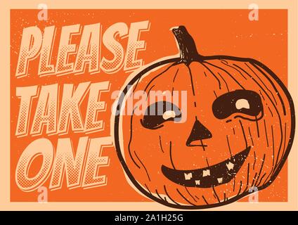 please take one candy halloween door sign standard print paper size orange cartoon pumpkin vintage distressed style Stock Vector