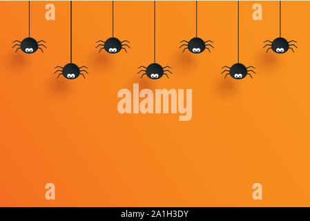 Halloween with hanging spiders for decoration and orange background space for text. Stock Vector