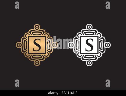 letter initial logo design vector template, Letter  Logo Design With Square ornament, Gold and white ornament with  letter logo design Stock Vector