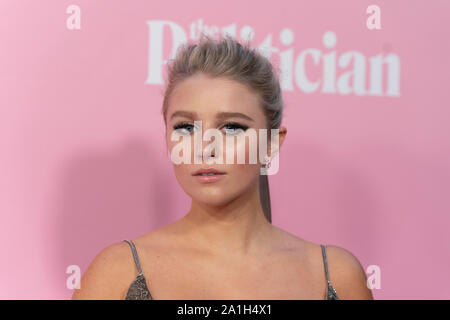 New York, NY - September 26, 2019: Julia Schlaepfer wearing dress by Paolo Sebastian attends Netflix The Politician premiere at DGA Theater Stock Photo