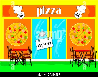 Flat drawing of a pizza shop window . Small business pizzerias. The cafe with the sign is open . Vector Stock Vector
