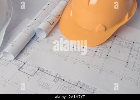 Architect, engineer concept, Represents the working style of architects, engineers With construction drawings Stock Photo