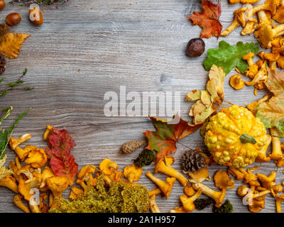 Still Life of a Variety of Fall Nature Items in wooden table with copy space, autumn concept Stock Photo