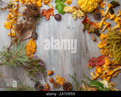 Still Life of a Variety of Fall Nature Items in wooden table with copy space, autumn concept Stock Photo