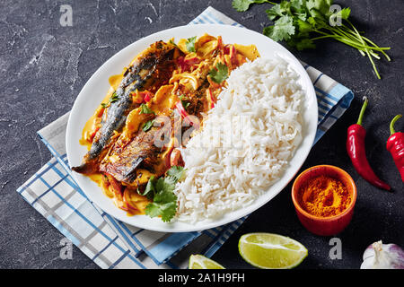 close-up of fish yellow curry, Panang curry with Grilled Saba mackerel fish served with steamed long grain rice on a plate on a concrete table Stock Photo