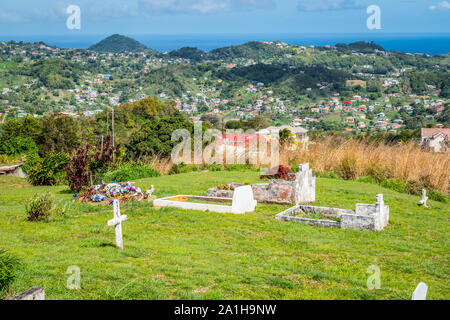 Small cemetery on a hill in Kingstown. Saint Vincent and the Grenadines. Stock Photo
