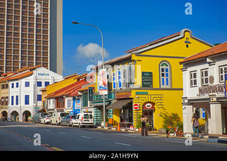 Colorful old shophouses in North Bridge Rd., Kampong Glam, Singapore, near Sultan Mosque and Arab St., traditionally a Malay or Islamic dominated area Stock Photo