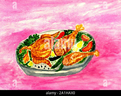 Cartoon thanksgiving roasted turkey garnished with salad, watercolor painted illustration. Stock Photo