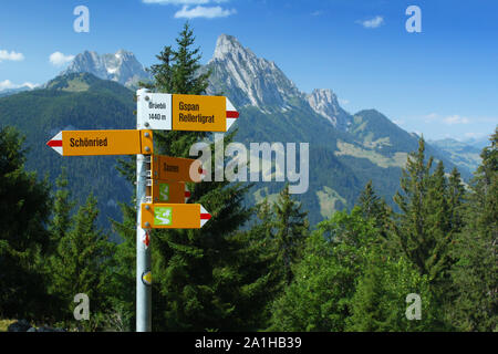 Clear Swiss mountain path signs near a walking path. The location of this sign post is in Gruebli. Stock Photo