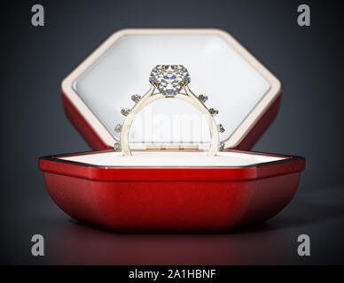 Wedding diamond ring standing in hexagonal box. 3D illustration. Stock Photo