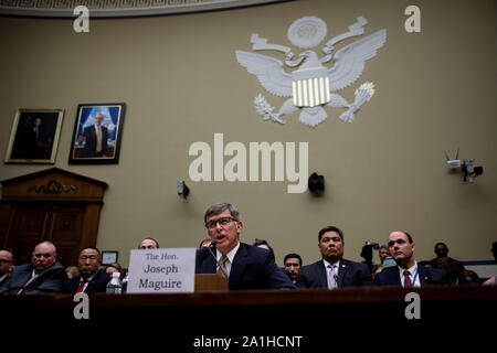 Washington, USA. 26th Sep, 2019. U.S. Acting Director of National Intelligence Joseph Maguire (front) testifies before the House Intelligence Committee during a hearing titled 'Whistleblower Disclosure' on Capitol Hill in Washington, DC Sept. 26, 2019. Credit: Ting Shen/Xinhua Credit: Xinhua/Alamy Live News Stock Photo