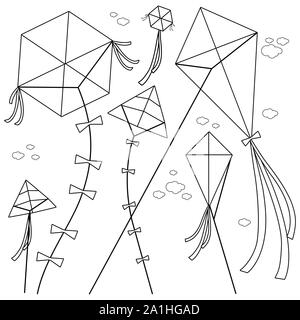 Kites flying in the sky. Black and white coloring book page Stock Photo