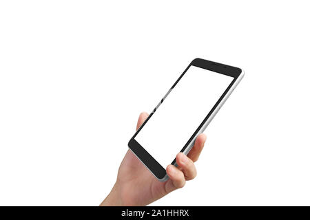 Hands holding tablet computer gadget with isolated, touch screen technology Stock Photo